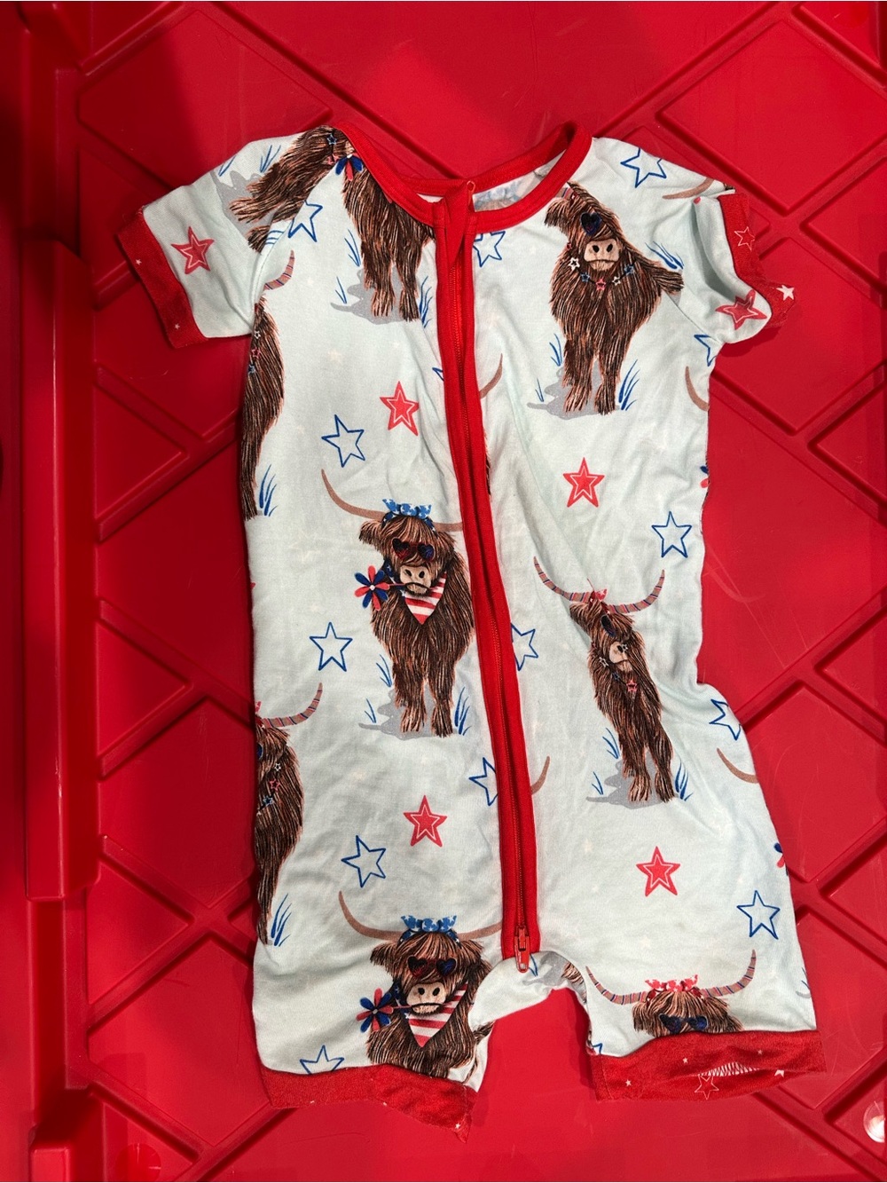 Red-Trim White Kids Bodysuit with Highland Cow Print